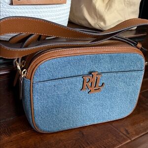 Lauren Ralph Lauren Denim w/ Brown Leather-Trim Crossbody Bag